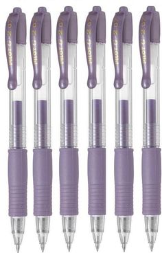 six purple pens lined up next to each other