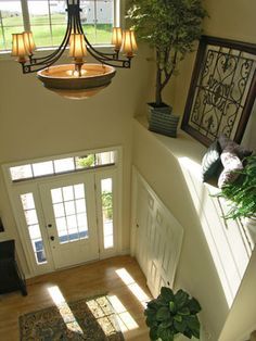 an overhead view of a foyer with a chandelier and potted plant on the wall