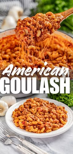 A collage image showing American goulash being scooped out of the pot as well as a plate of the goulash. Casserole Recipes With Ground Beef, Ground Beef And Pasta, Stay At Home Chef Recipes, Small Crockpot Recipes, Ground Beef Stew, American Food Recipes, Beef And Pasta, American Goulash, Beef Pasta Recipes