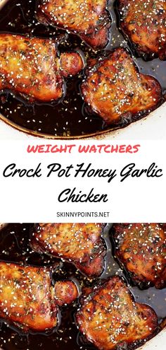 crock pot honey garlic chicken in a skillet with text overlay that reads, weight watchers crock pot honey garlic chicken