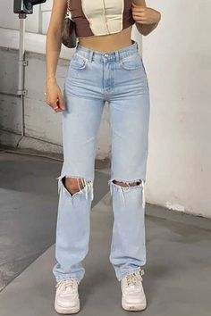 Details: Material: Cotton, Denim Style: Casual Pattern Type: Solid Element: Ripped Suit Type: Long Pants Waist Type: High Waist Closure Type: Zipper Hasp Profile: Straight Type: Solid Color Size(in) Waist Hips Bottom Length S 26.4 36.2 39.8 M 28 37.8 40.2 L 29.5 39.4 40.6 XL 31.1 40.9 40.9 2XL 32.7 42.5 41.3 Tips:Due to the many variations in monitors, the color in the image could look slightly different, please take physical design and color shall prevail.Please allow 0.4"-1" differs due to manual measurement. Casual Non-stretch Jeans With Zipper Closure, Spring Denim Pants With Zip Fly, Casual Blue Pants With Zip Fly, Light Wash Casual Jeans With Zipper Closure, Light Wash Casual Jeans With Zipper, Casual Light Wash Jeans With Zipper, Ripped Light Blue Denim Bottoms, Light Blue Ripped Denim Bottoms, Casual Medium Wash Pants With Zipper Closure