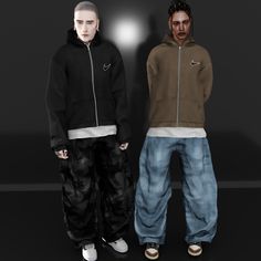 two young men standing next to each other in front of a black background, one wearing a brown hoodie