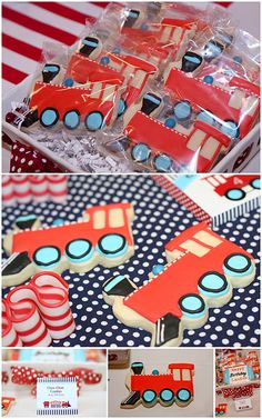 a collage of pictures including cookies, candy and other items for a train themed birthday party