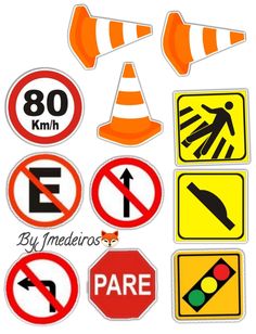 various road signs and traffic cones on a white background