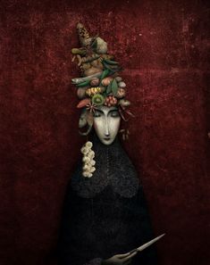 a painting of a woman with vegetables on her head and knife in front of her face