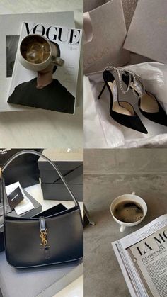 four different pictures of shoes, coffee and newspaper on the floor in front of a magazine