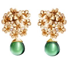 These Plum Flowers cocktail earrings with green cabochon treated ambers are made of 18 karat yellow gold and encrusted with 10 natural round diamonds. This is a piece from the contemporary jewellery collection, which was featured in a review by Vogue UA. We use top natural diamonds, VS clarity and F-G color, and we work with a German gems company that has been in the market since the 19th century. The sculptural design provides an extra shiny surface of the flowers and a subtle play of shadow an Luxury Green Clip-on Earrings, Elegant Green Cabochon Earrings, Cocktail Earrings, 3 Carat Diamond, Plum Flowers, Piercings Unique, Contemporary Earrings, Diamond Quartz, Jewelry Outfit