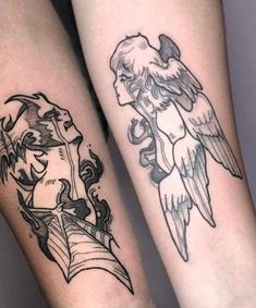 two tattoos on the legs of people with birds and flowers in their arms, one is black