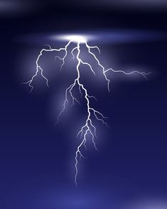 a lightning bolt hitting the ground at night with clouds in the background and blue sky