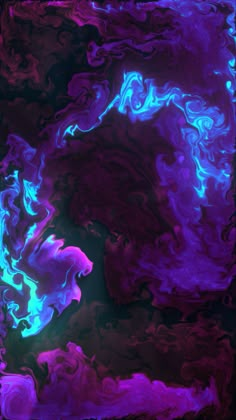 an abstract painting with purple and blue colors on black background in the form of swirls