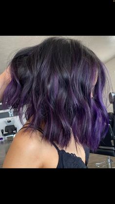 Black To Purple Ombre Hair Short, Brown To Purple Ombre Hair Short, Dark Hair Purple Highlights, Dark Hair Purple, Hair Purple Highlights, Dark Purple Highlights, Highlights Brown Hair Short