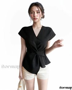 Bormay - Exquisite Design, Irregular V-Neck Short Sleeve Blouse for a Sophisticated Look Sophisticated Look, Short Sleeve Blouse, Exquisite Design, Types Of Collars, Elegant Style, Types Of Sleeves, Sleeve Blouse, Short Sleeves, Solid Color