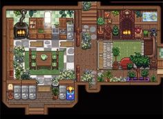 an overhead view of a kitchen and living room from the game animal crossing, which is on display