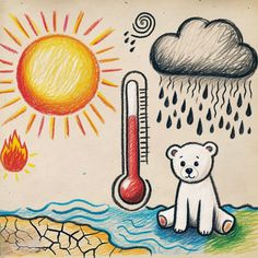 a drawing of a thermometer and a bear sitting in front of a fire