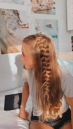 Braids Half Up Half Down Hairstyles, Braid Hoco Hairstyle, Pulled Out Braids, Cute Spring Rainy Day Outfits, Ffa Hairstyles, Western Braids Hairstyles, Curls And Braids Hairstyles, Down Hairstyles Simple, Family Pictures Hairstyles