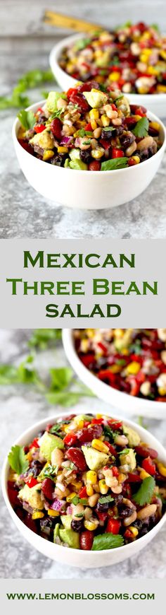 mexican three bean salad in two white bowls