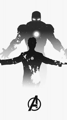 an iron man silhouetted against a white background with the avengers logo in front of it