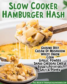 the recipe for slow cooker hamburger hashbrown is shown