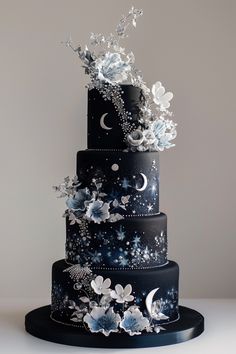 Silver Stardust: Midnight Elegance Birthday Cake Wedding Cake Stars, Pink Celestial Wedding, Black And Blue Birthday Cake, Space Wedding Cake, Blue And Black Wedding Cake, Ice Cream Cake Wedding, Witchy Wedding Cake, Purple Quince Cake, Midnight Blue Cake