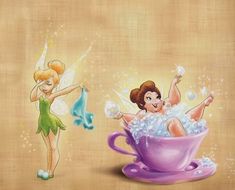 two tinkerbells sitting in a cup with bubbles and water on it, one is