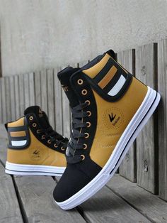 Yellow  Collar     Embellished   Men Shoes Casual Tennis Shoes, Heels Patterns, Flexible Shoes, Walking Sneakers, Leather High Tops, Sport Style, Breathable Sneakers, On Sneakers, Sneakers Men Fashion