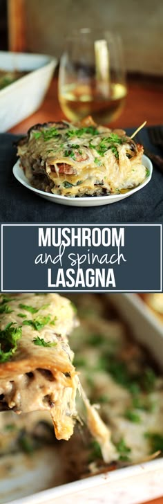 mushroom and spinach lasagna on a plate