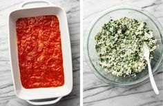 two pictures side by side one with sauce and the other with spinach in it