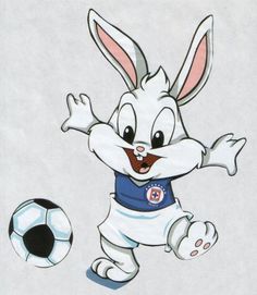 a cartoon rabbit kicking a soccer ball