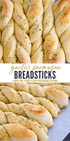 garlic breadsticks stacked on top of each other with the title text overlay