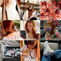 a collage of photos with strawberries and flowers on them, including a woman holding a teddy bear