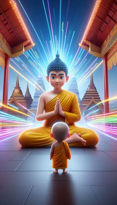 a little boy sitting on the ground in front of a buddha statue with lights coming from behind him