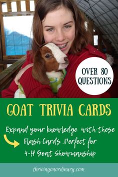 a woman holding a dog in her arms with the words goat trivia cards on it