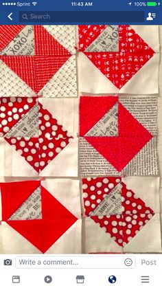 red and white quilted blocks are arranged on top of each other, with the words love written across them