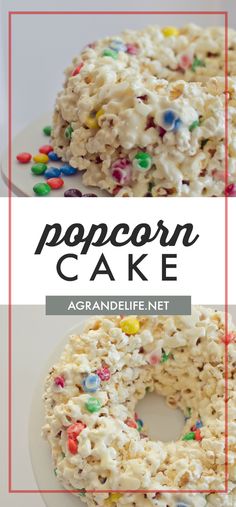 popcorn cake with sprinkles on top and the words popcorn cake above it