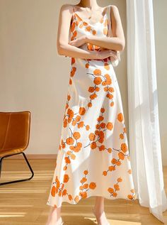 Summer Women's Waist V-neck Flora Printed Chiffon Suspender Over-The-K – chirrupday Tangerine Color, Dress Retro, Print Chiffon, Summer Maxi Dress, Mulberry Silk, Retro Dress, Flower Dresses, Chiffon Dress