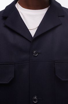 The sporty Harrington jacket takes on a refined appearance in this suiting version reimagined with roomy chest pockets and a button closure. 29" length (size Medium) Front button closure Notched lapels Button cuffs Chest flap-patch pockets Lined 60% polyester, 40% wool Machine wash, dry flat Imported Spring Wool Suits With Pockets, Navy Button-up Outerwear With Patch Pockets, Casual Suits With Lapel Collar And Buttons, Workwear Blazer With Welt Pockets And Suit Collar, Utility Blazer With Collared Shape And Pockets, Workwear Blazer With Welt Pockets, Utility Blazer With Pockets And Collar, Modern Suits For Fall Workwear, Fall Blazer With Welt Pockets And Flat Front