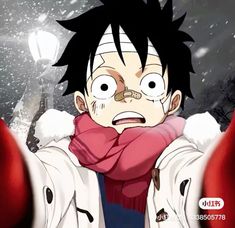 an anime character with black hair wearing a red scarf and white coat, standing in the snow