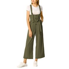 Show your casual laid-back vibes in this cute straight-fit overall jumpsuit. This woven overall jumpsuit features a low square neckline, shoulder straps, a partial button-front placket, a removable self-tie at the waist, a wide leg, and a relaxed silhouette. Soft fabric makes this overall jumpsuit comfortable to wear. It makes you beautiful with fashion and classic design and makes you stand out in the crowd. This loose-fit overall jumpsuit suit is for most ladies, you can pair it with a T-shirt Cottagecore Overalls, High Waisted Overalls, Jumpsuit Suit, Casual Summer Rompers, Wide Leg Overalls, Long Overalls, Overalls Casual, Belted Jumpsuit, Girls Overalls