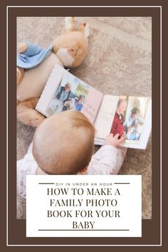 a baby sitting on the floor reading a book