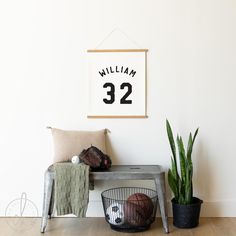 a room with a bench, potted plant and basketball