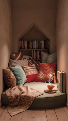 a couch with many pillows on it in front of a book shelf filled with books