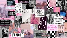 the collage is made up of many different things in black and white, including pink