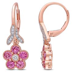 Certain to entice, these glittering gemstone and diamond flower drop earrings ensure a sparkling entrance. Fashioned in cool 14K rose gold, each earring features 5 dazzling pink sapphire gemstones, with icy white diamonds shimmering above to complete this blissful look. Radiant with bright polished finish, these luxe earrings secure comfortably with leverback closures. Rose Gold Flower Earrings Fine Jewelry, Round Diamond Setting, Sapphire Color, Bezel Set Diamond, Leverback Earrings, Bellini, Bezel Diamond, Rose Gold Diamonds, Online Earrings