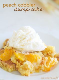 peach cobbler dump cake with whipped cream on top