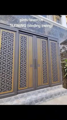 an iron gate is shown with the words pintu lasercut slewing steding swing