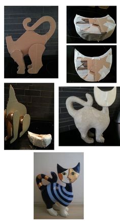 there are several pictures of cats made out of cardboards and paper mache pieces