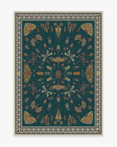 a green and yellow square rug with an intricate design on the center, surrounded by butterflies