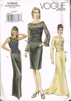 two women's dresses and one woman's evening gown sewing pattern, with long sleeves