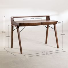 a wooden desk with measurements for the top and bottom section, including an open drawer