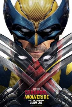 the poster for the upcoming movie, deadpool wolverine and his two swords are crossed in front of him